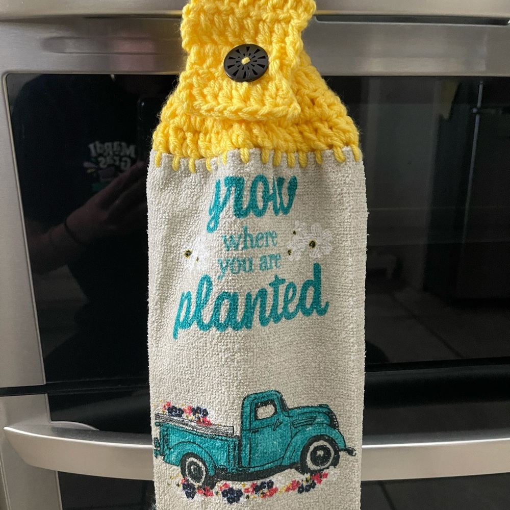 Handmade yellow crochet hanging towel